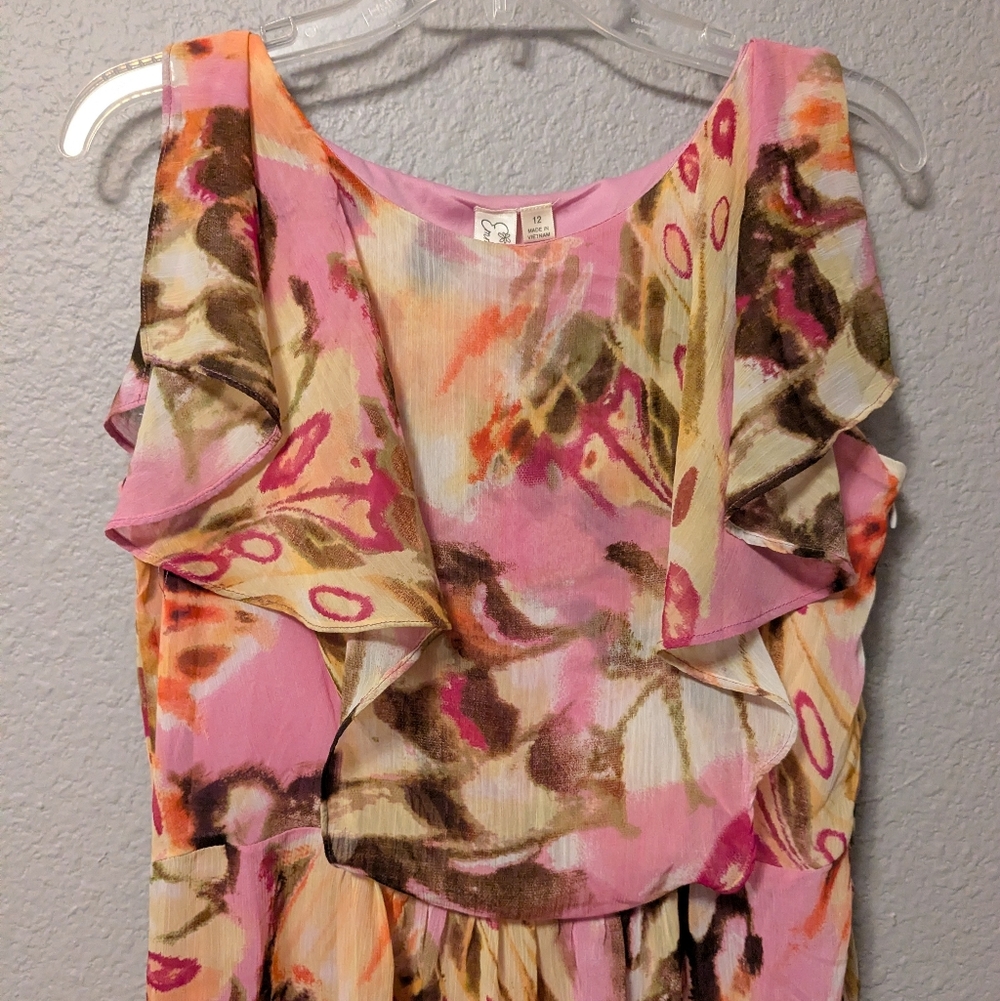 Emma & Michele Pink and Brown Floral Mini Dress Chiffon Overlay Sz. 12 - Picture 5 of 12